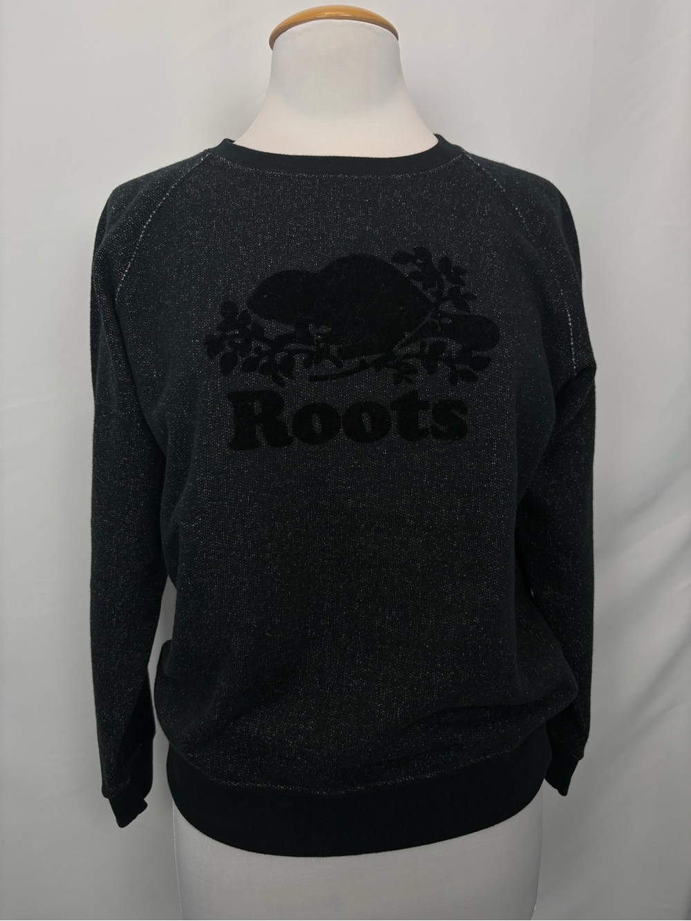 Roots Athletics Black Speckled Velvet Logo Crewneck Sweatshirt Medium